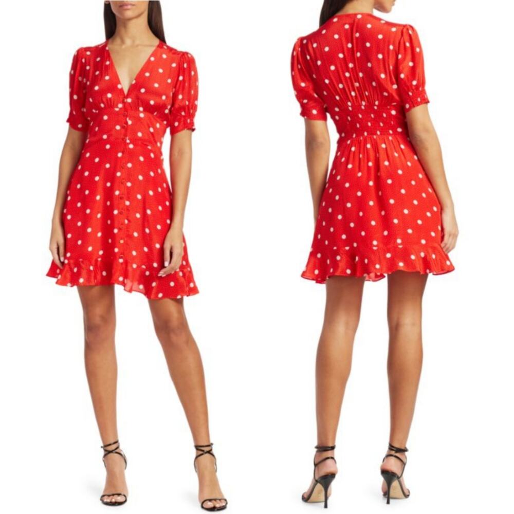 The Kooples Polka Dot Retro Inspired Button-Front Mini Dress M Red Puff Sleeve